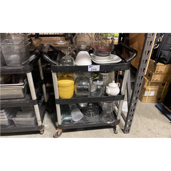 RUBBERMAID 3 TIER MOBILE UTILITY CART WITH ASSORTED DISHWARE & JARS