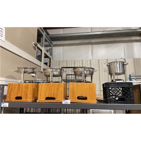 4 ASSORTED STAINLESS STEEL ROUND CHAFING DISHES WITH TRANSPORT CASES