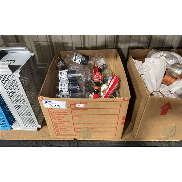 BOX OF ASSORTED BEER TAPS & GLASSES