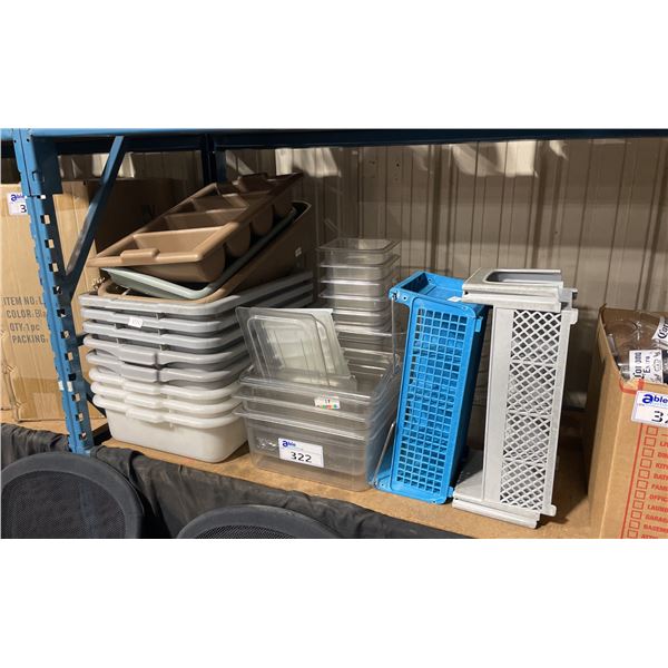 DISH BINS, CUTLERY TRAYS, ASSORTED PLASTIC INSERTS & CUTLERY DISHWASHER TRAYS