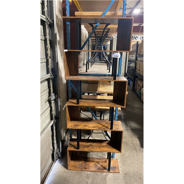 RUSTIC WOOD/BLACK METAL MODERN DISPLAY SHELF APPROX 74.5"H X 28"W X 9.5"D