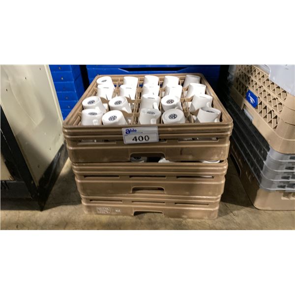 3 COMMERCIAL PLASTIC DISH TRAYS WITH APPROX 40 WHITE COFFEE MUGS