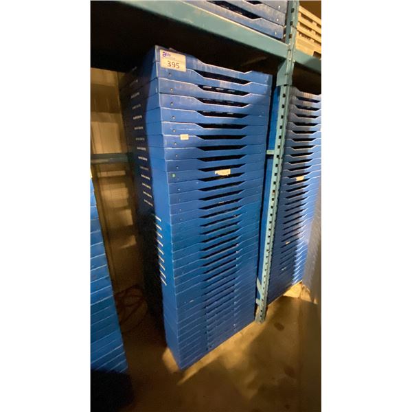STACK OF APPROX 30 BLUE PLASTIC COMMERCIAL BREAD / CATERING TRAYS