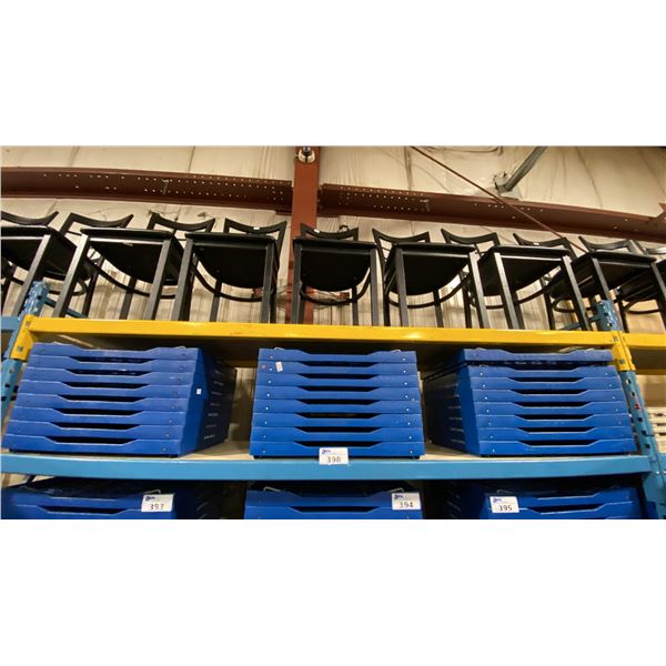 SHELF OF APPROX 24 BLUE PLASTIC COMMERCIAL BREAD / CATERING TRAYS