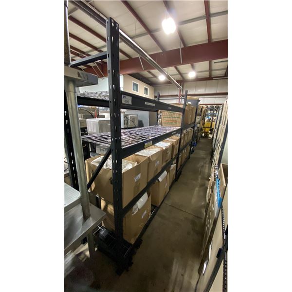 3 BAYS OF BLACK ADJUSTABLE MESH DECK SHELVING 4- 78" UPRIGHTS, 22- 72" SIDE RAILS