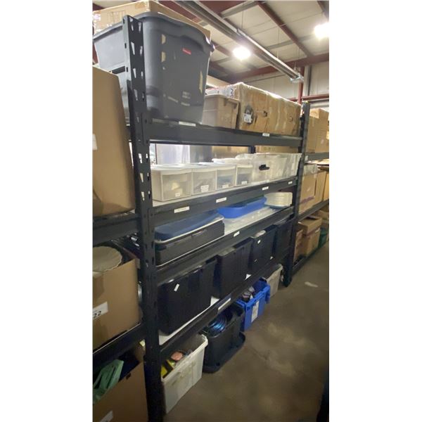 CONTENTS OF SHELVING UNIT- ASSORTED OFFICE SUPPLIES, WORK GLOVES, CASTER WHEELS, DISPOSABLE CUPS,