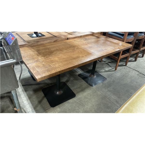 MEDIUM WOOD TOP DOUBLE PEDESTAL 66" X 30" RECTANGULAR RESTAURANT TABLE 30"H