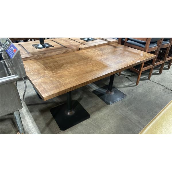 MEDIUM WOOD TOP DOUBLE PEDESTAL 66" X 30" RECTANGULAR RESTAURANT TABLE 30"H