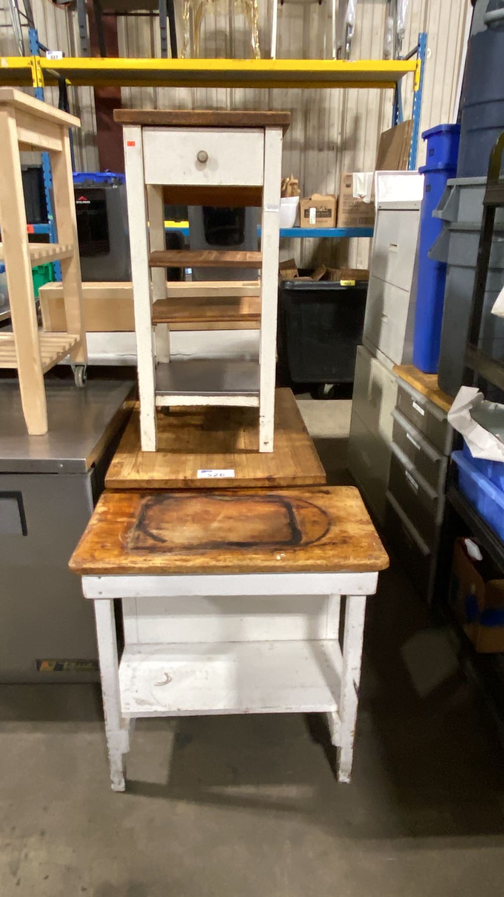Working Block Table 2 MOBILE WORK TABLES & 1 STATIONARY WOODEN BLOCK WORK TABLE - Able Auctions