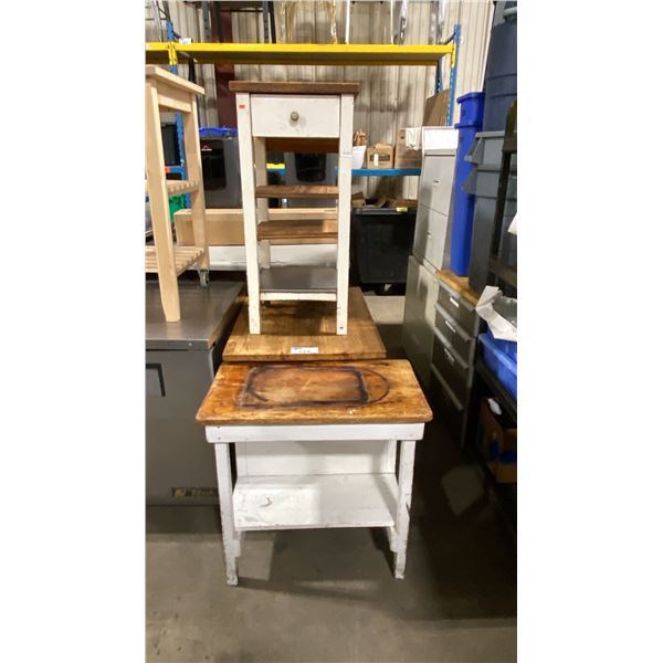 2 MOBILE WORK TABLES & 1 STATIONARY WOODEN BLOCK WORK TABLE