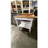 Image 4 : 2 MOBILE WORK TABLES & 1 STATIONARY WOODEN BLOCK WORK TABLE