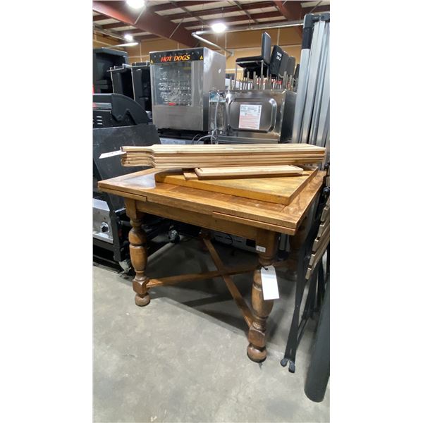 RUSTIC WOOD TABLE WITH ASSORTED WOOD CHARCUTERIE/CUTTING BOARDS