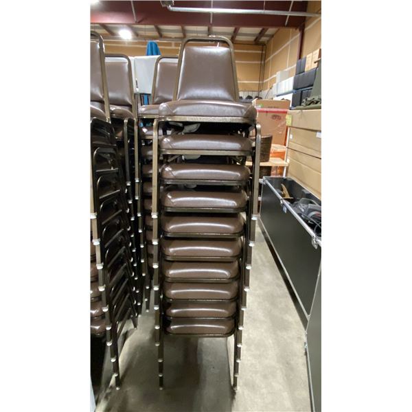 STACK OF 10 BROWN PADDED BROWN METAL FRAMED STACKING EVENT CHAIRS