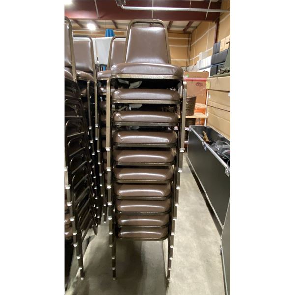 STACK OF 10 BROWN PADDED BROWN METAL FRAMED STACKING EVENT CHAIRS