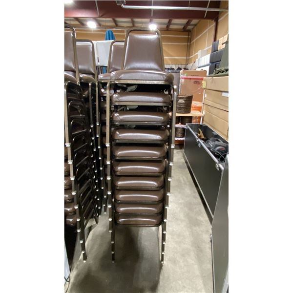 STACK OF 10 BROWN PADDED BROWN METAL FRAMED STACKING EVENT CHAIRS