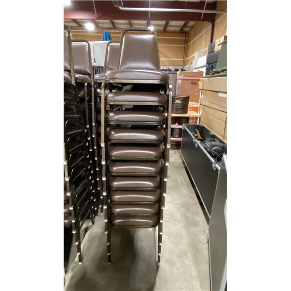 STACK OF 10 BROWN PADDED BROWN METAL FRAMED STACKING EVENT CHAIRS