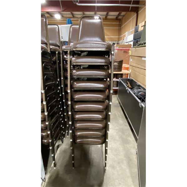 STACK OF 10 BROWN PADDED BROWN METAL FRAMED STACKING EVENT CHAIRS