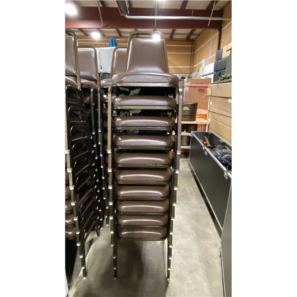 STACK OF 10 BROWN PADDED BROWN METAL FRAMED STACKING EVENT CHAIRS