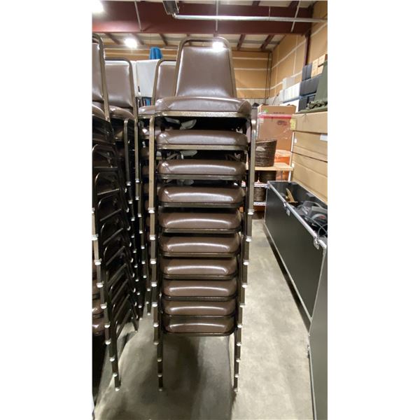 STACK OF 10 BROWN PADDED BROWN METAL FRAMED STACKING EVENT CHAIRS