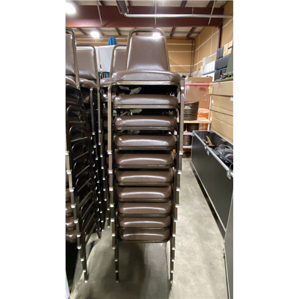 STACK OF 10 BROWN PADDED BROWN METAL FRAMED STACKING EVENT CHAIRS