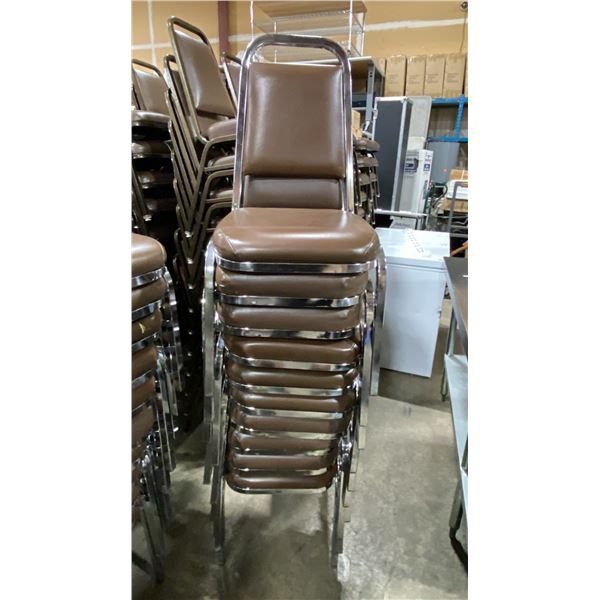 STACK OF 10 BROWN PADDED CHROME METAL FRAMED STACKING EVENT CHAIRS