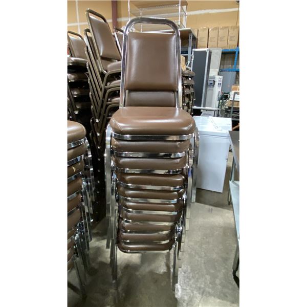 STACK OF 10 BROWN PADDED CHROME METAL FRAMED STACKING EVENT CHAIRS