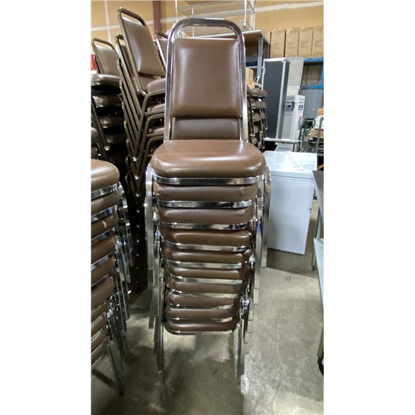 STACK OF 10 BROWN PADDED CHROME METAL FRAMED STACKING EVENT CHAIRS