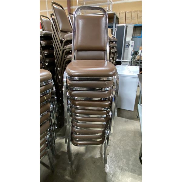 STACK OF 10 BROWN PADDED CHROME METAL FRAMED STACKING EVENT CHAIRS