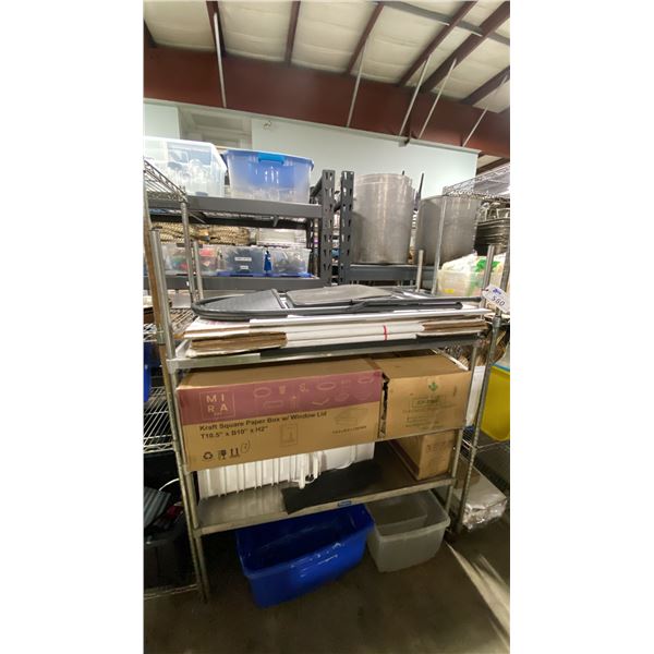 MARKET FORGE 3 TIER STAINLESS STEEL SHELVING UNIT 48"W X 20"D X 63"H WITH TAKE OUT CONTAINERS,