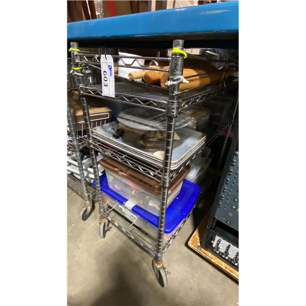 4 TIER MOBILE METRO STYLE CART WITH ASSORTED COMMERCIAL RESTAURANT ITEMS