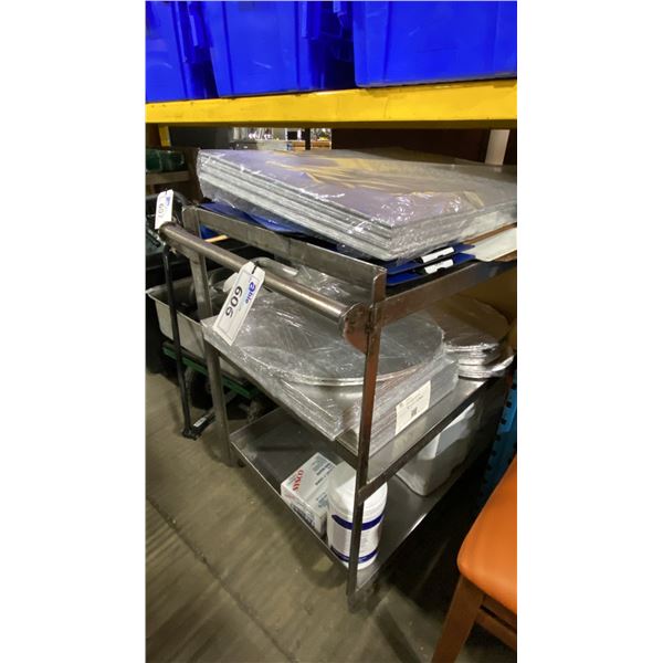STAINLESS STEEL 3 TIER UTILITY CART WITH ASSORTED CAKE TRAYS, CLIP BOARDS, STORAGE BINS, PATTY