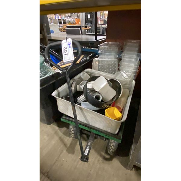 FLAT TOP WAGON WITH ASSORTED PLASTIC INSERTS, SMALL STAINLESS STEEL BOWLS, WOK, SMALL CAKE PANS &