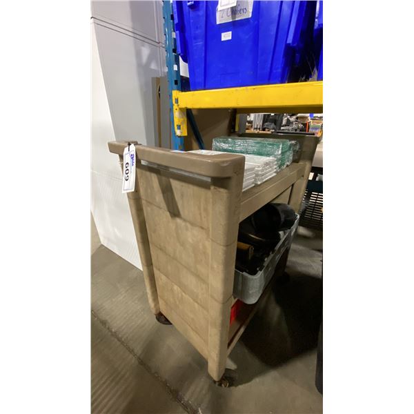 RUBBERMAID 3 TIER UTILITY CART WITH ASSORTED APPETIZER PLATES, 2 GRILL PRESS, DISH TRAYS & MORE