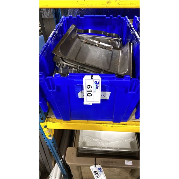 BIN OF ASSORTED STAINLESS STEEL COMMERCIAL CHAFING DISHES & PARTS