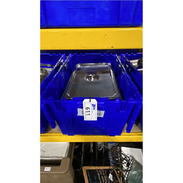 BIN OF ASSORTED STAINLESS STEEL COMMERCIAL CHAFING DISHES & PARTS