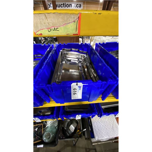 BIN OF ASSORTED STAINLESS STEEL COMMERCIAL CHAFING DISHES & PARTS