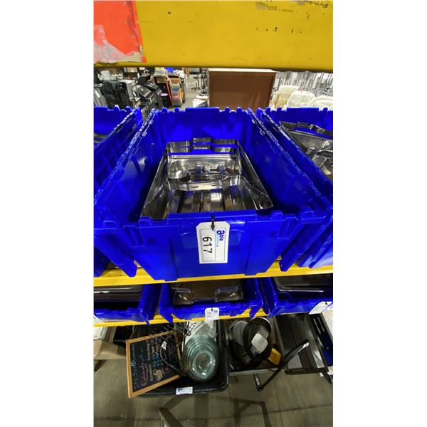 BIN OF ASSORTED STAINLESS STEEL COMMERCIAL CHAFING DISHES & PARTS