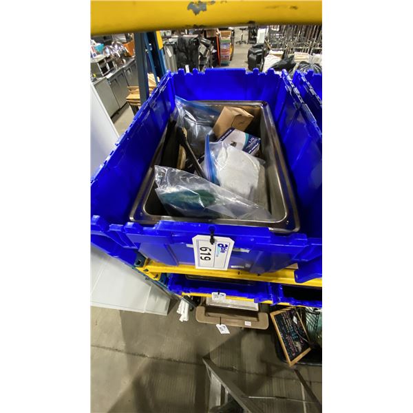BIN OF ASSORTED STAINLESS STEEL COMMERCIAL CHAFING DISHES & PARTS