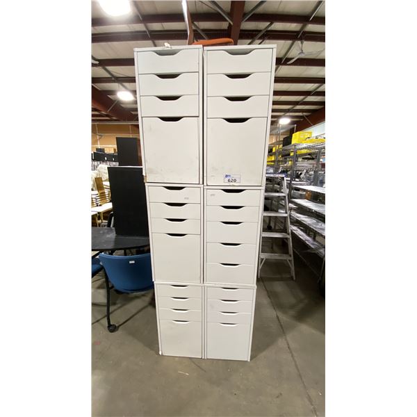 6 WHITE WOOD STORAGE CABINETS APPROX 14"W X 23"D X 27.5"H & 4- 24" X 47" GREY TABLE TOPS WITH 16