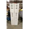 Image 1 : 6 WHITE WOOD STORAGE CABINETS APPROX 14"W X 23"D X 27.5"H & 4- 24" X 47" GREY TABLE TOPS WITH 16