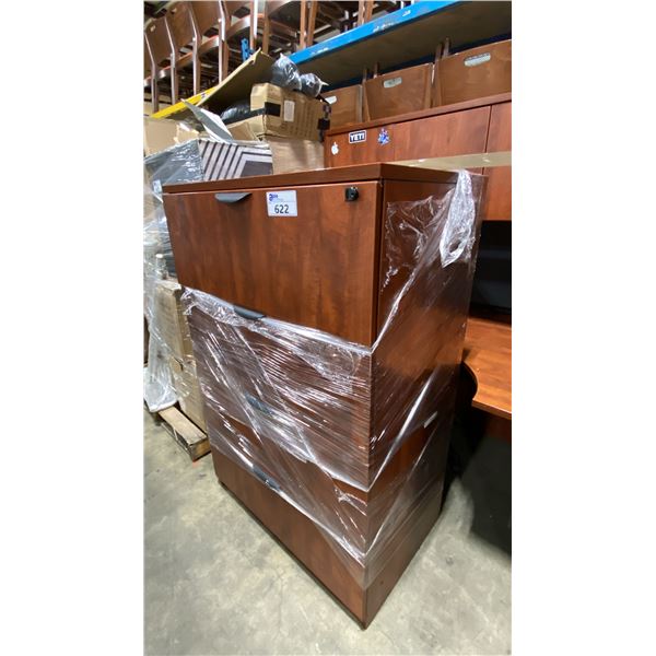 2 LARGE CHERRY WOOD EXECUTIVE L SHAPED LOCKING DESK WITH RETURNS, 1 HUTCH