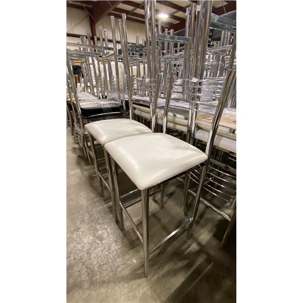 PAIR OF WHITE PADDED CHROME METAL FRAMED SLAT BACK BAR CHAIRS 30"H