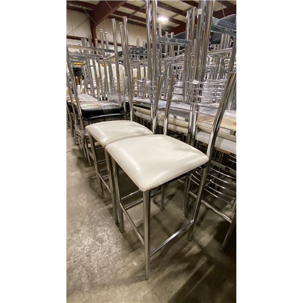 PAIR OF WHITE PADDED CHROME METAL FRAMED SLAT BACK BAR CHAIRS 30"H