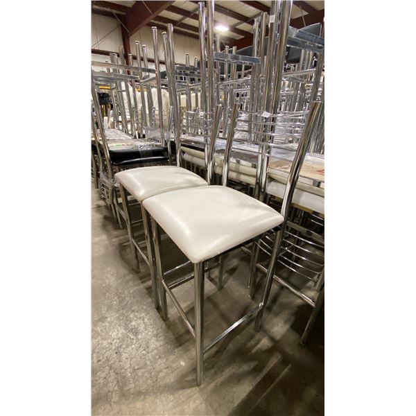 PAIR OF WHITE PADDED CHROME METAL FRAMED SLAT BACK BAR CHAIRS 30"H