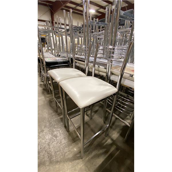 PAIR OF WHITE PADDED CHROME METAL FRAMED SLAT BACK BAR CHAIRS 30"H