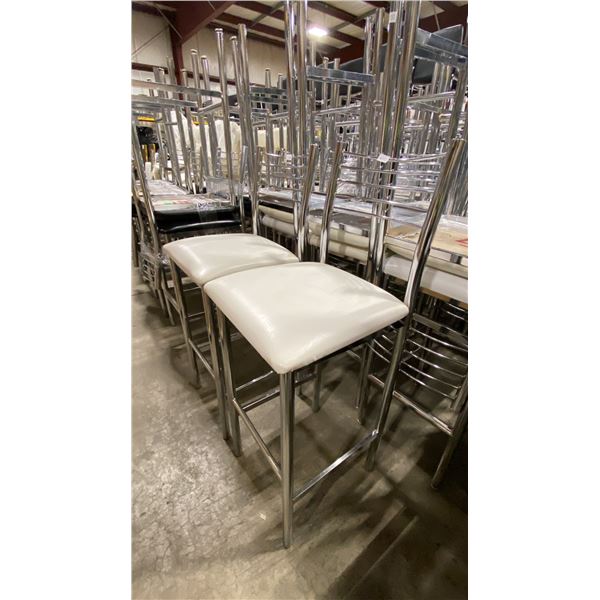 PAIR OF WHITE PADDED CHROME METAL FRAMED SLAT BACK BAR CHAIRS 30"H