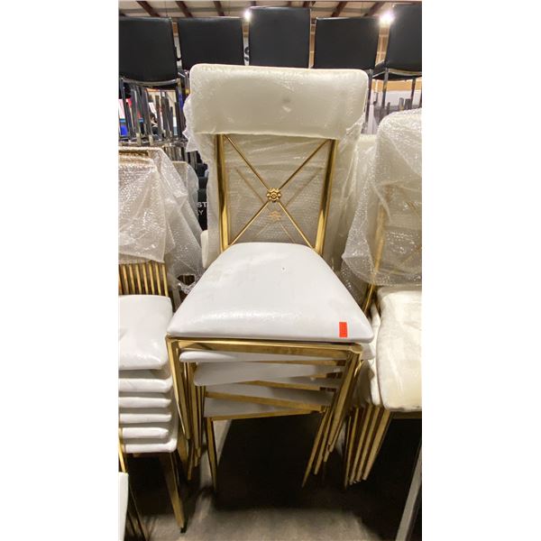 STACK OF 6 PADDED GOLD METAL FRAMED CROSS BACK STACKING EVENT CHAIRS