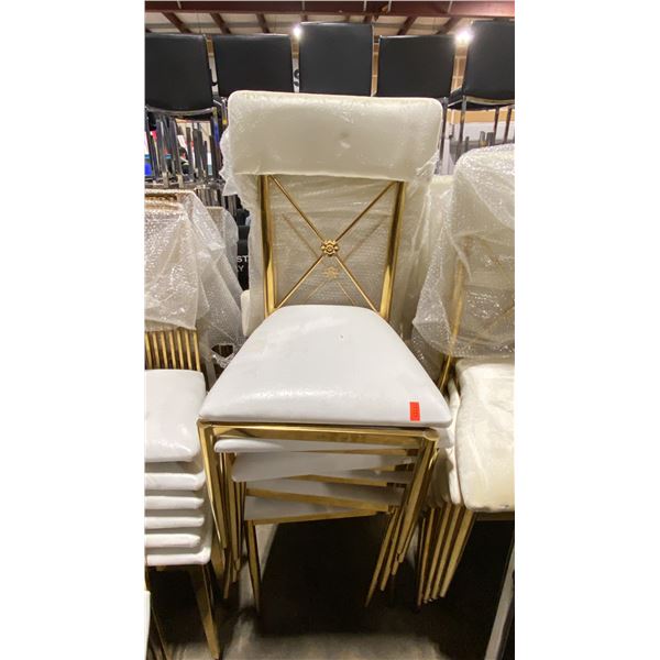 STACK OF 6 PADDED GOLD METAL FRAMED CROSS BACK STACKING EVENT CHAIRS