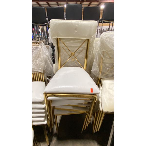 STACK OF 6 PADDED GOLD METAL FRAMED CROSS BACK STACKING EVENT CHAIRS