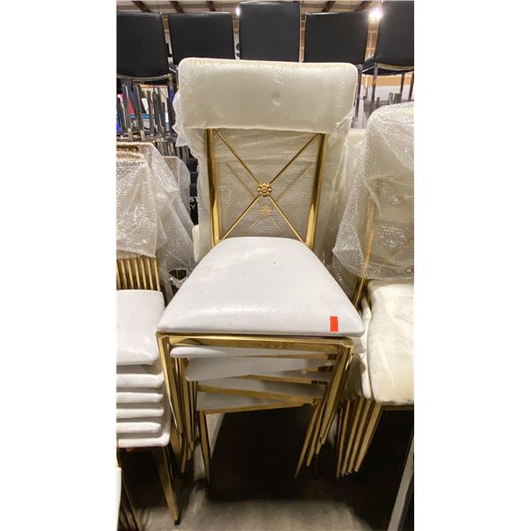 STACK OF 6 PADDED GOLD METAL FRAMED CROSS BACK STACKING EVENT CHAIRS